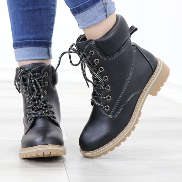 Woman's Faux Leather Lug-Sole Combat Ankle Boots - Picture 9 of 12